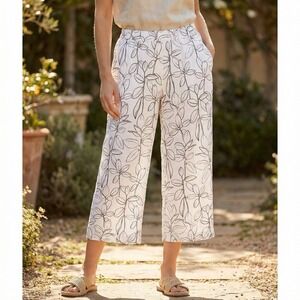 Cynthia Rowley 100%‎ Linen Wide Leg Crop Pants Leaf Botanical Print White Boho L